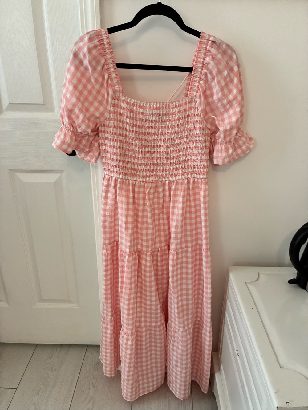 Pink Gingham Puff Sleeve Maxi Dress